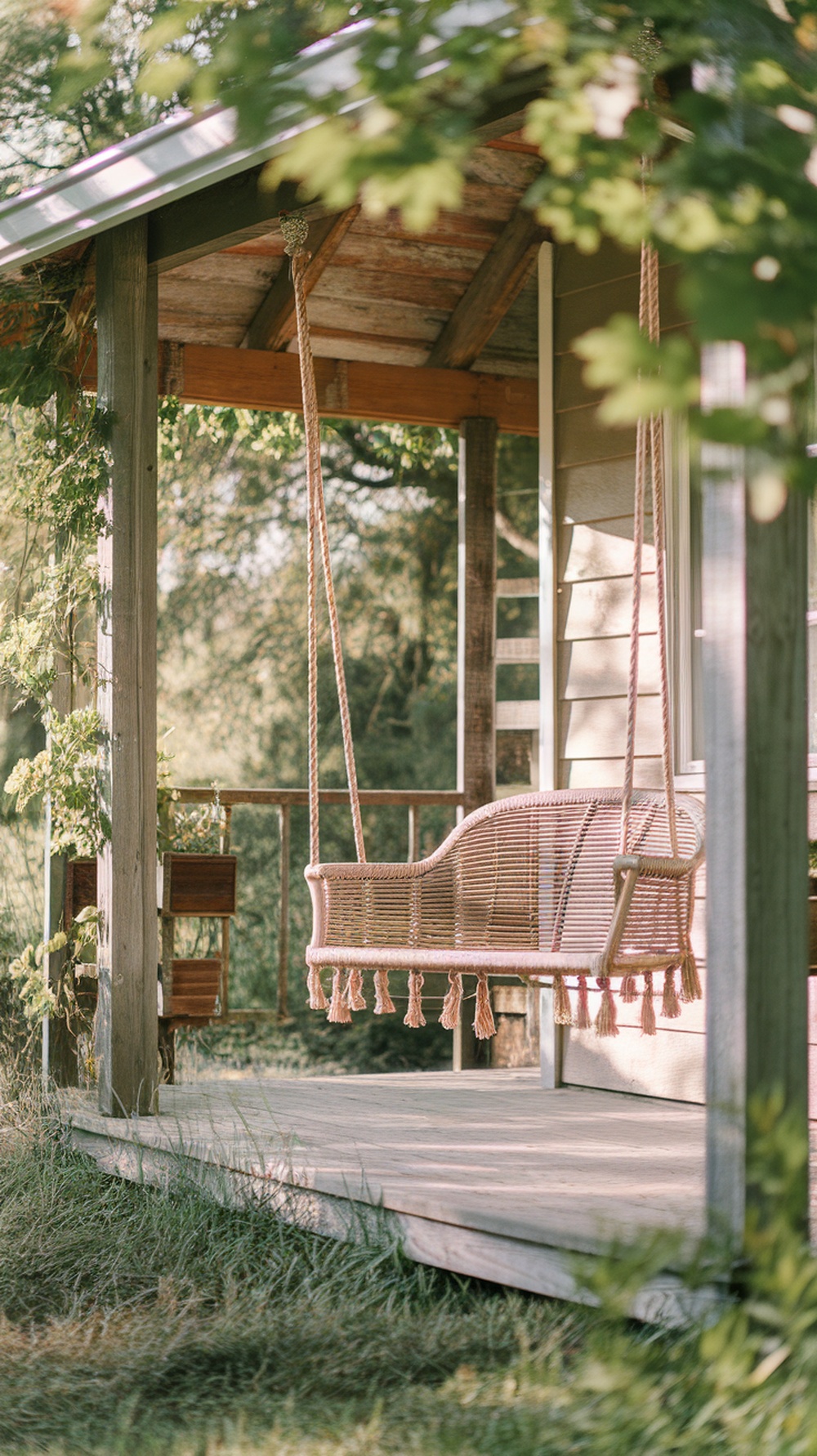 A rustic rope-hung swing on a front porch surrounded by greenery