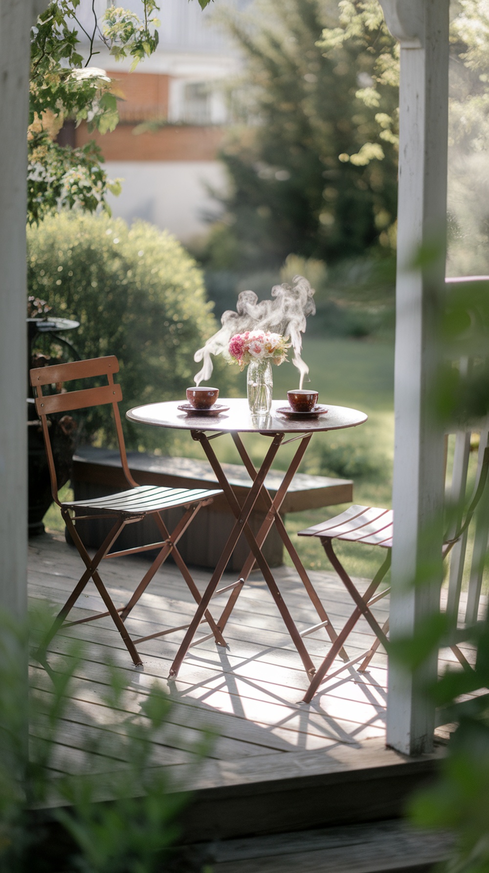 A cozy small bistro set on a porch with steaming cups of coffee and a vase of flowers.
