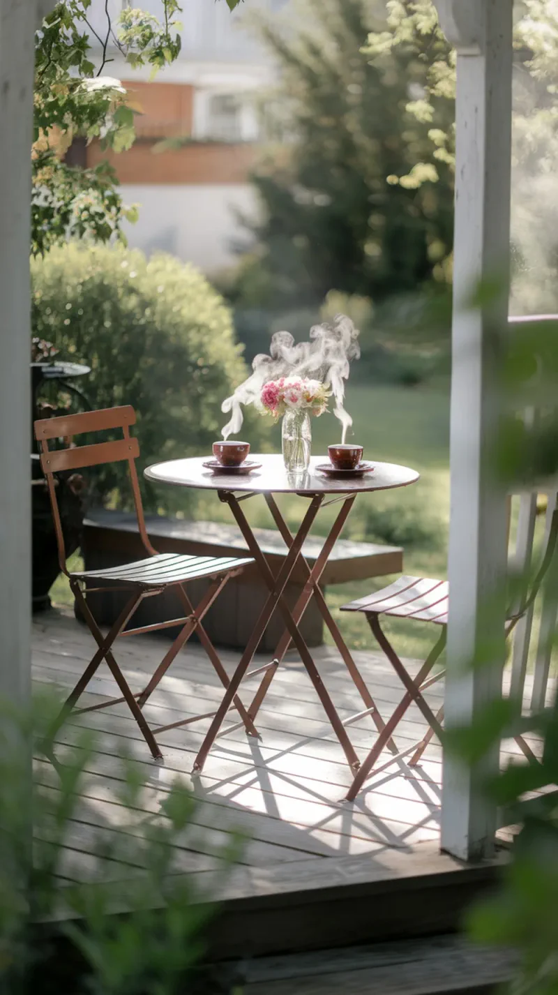 A cozy small bistro set on a porch with steaming cups of coffee and a vase of flowers.