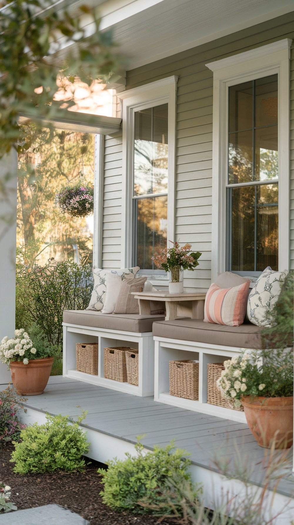 Double wide front porch with built-in benches and storage underneath