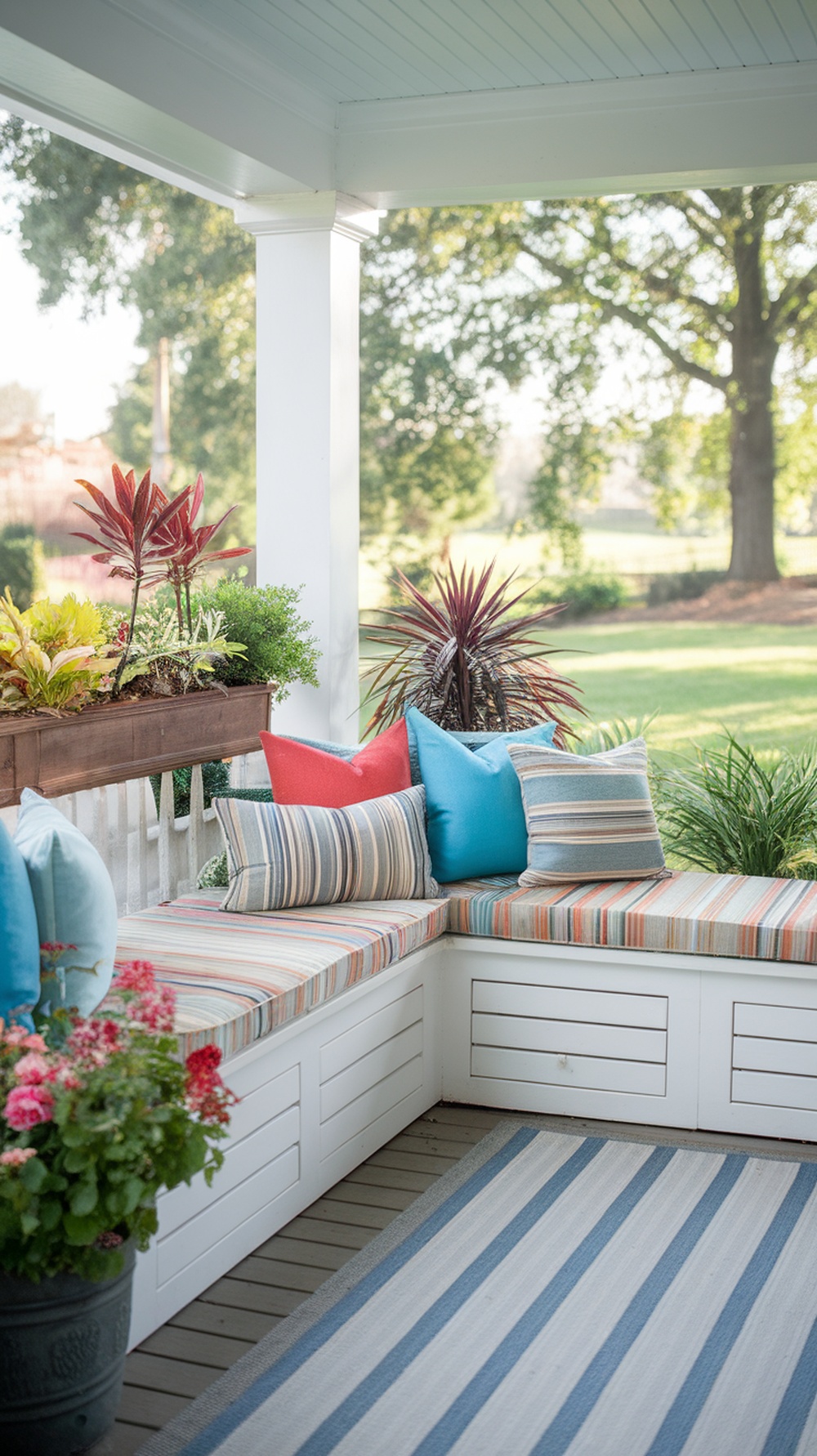 Built-in seating on a front porch with colorful cushions and storage underneath
