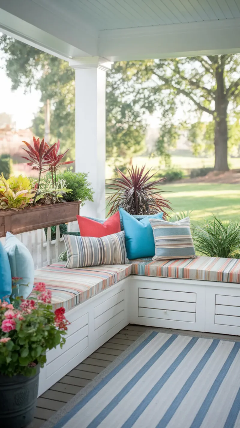 Built-in seating on a front porch with colorful cushions and storage underneath