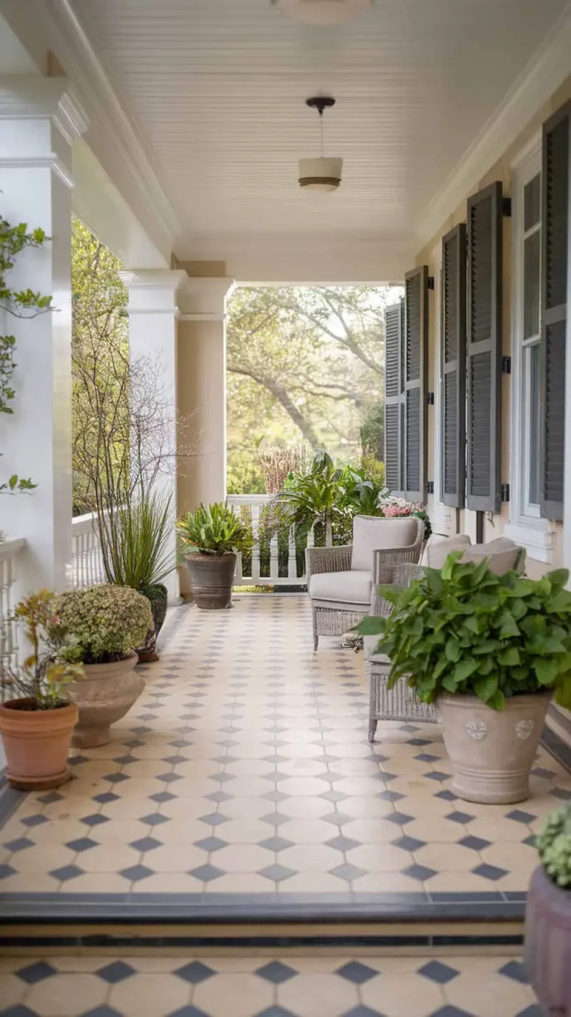 A front porch featuring ceramic or porcelain tiled flooring with a classic pattern, surrounded by potted plants and stylish furniture.
