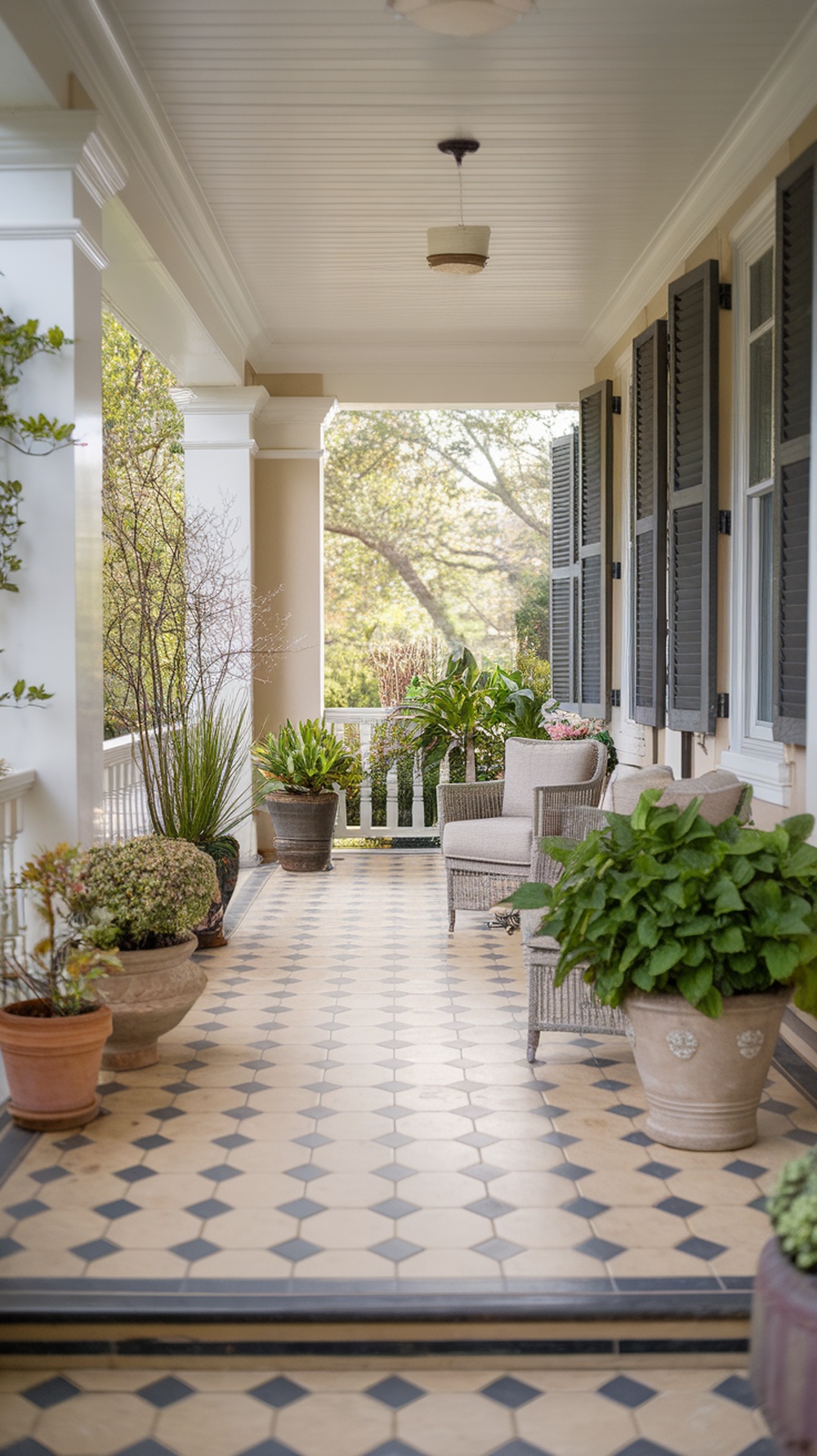 A front porch featuring ceramic or porcelain tiled flooring with a classic pattern, surrounded by potted plants and stylish furniture.