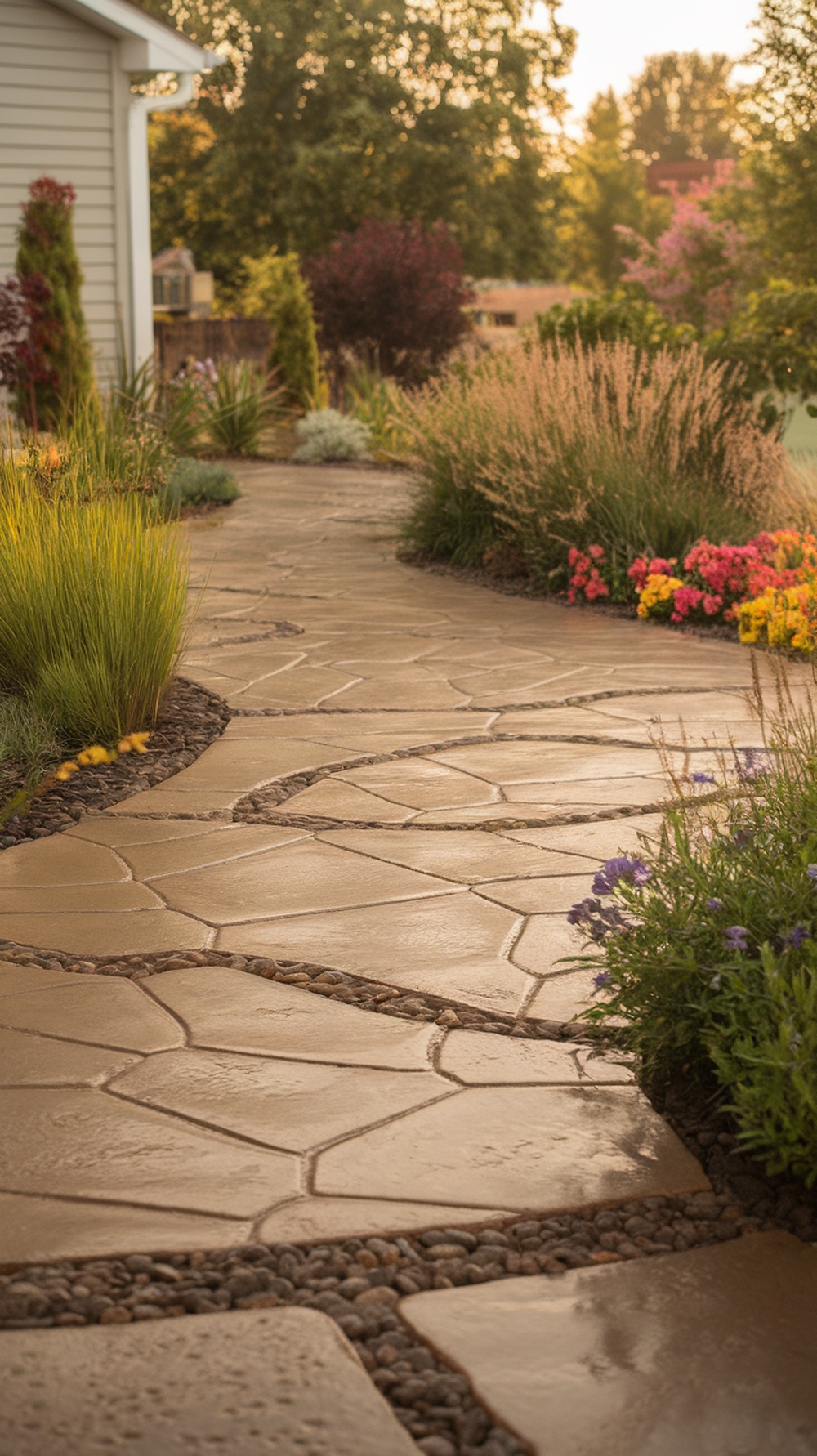 A stamped concrete walkway mimicking stone patterns, surrounded by colorful flowers and greenery.