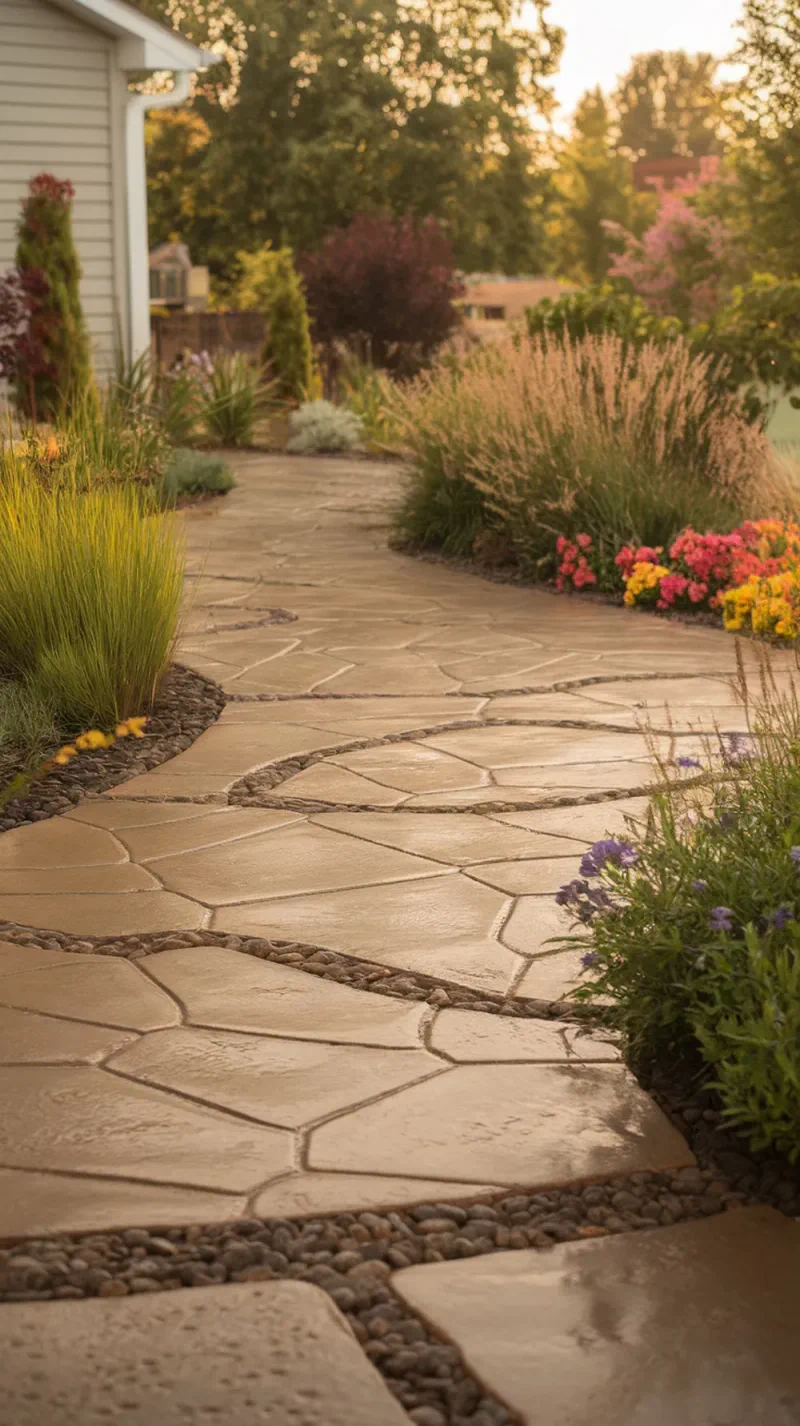 A stamped concrete walkway mimicking stone patterns, surrounded by colorful flowers and greenery.