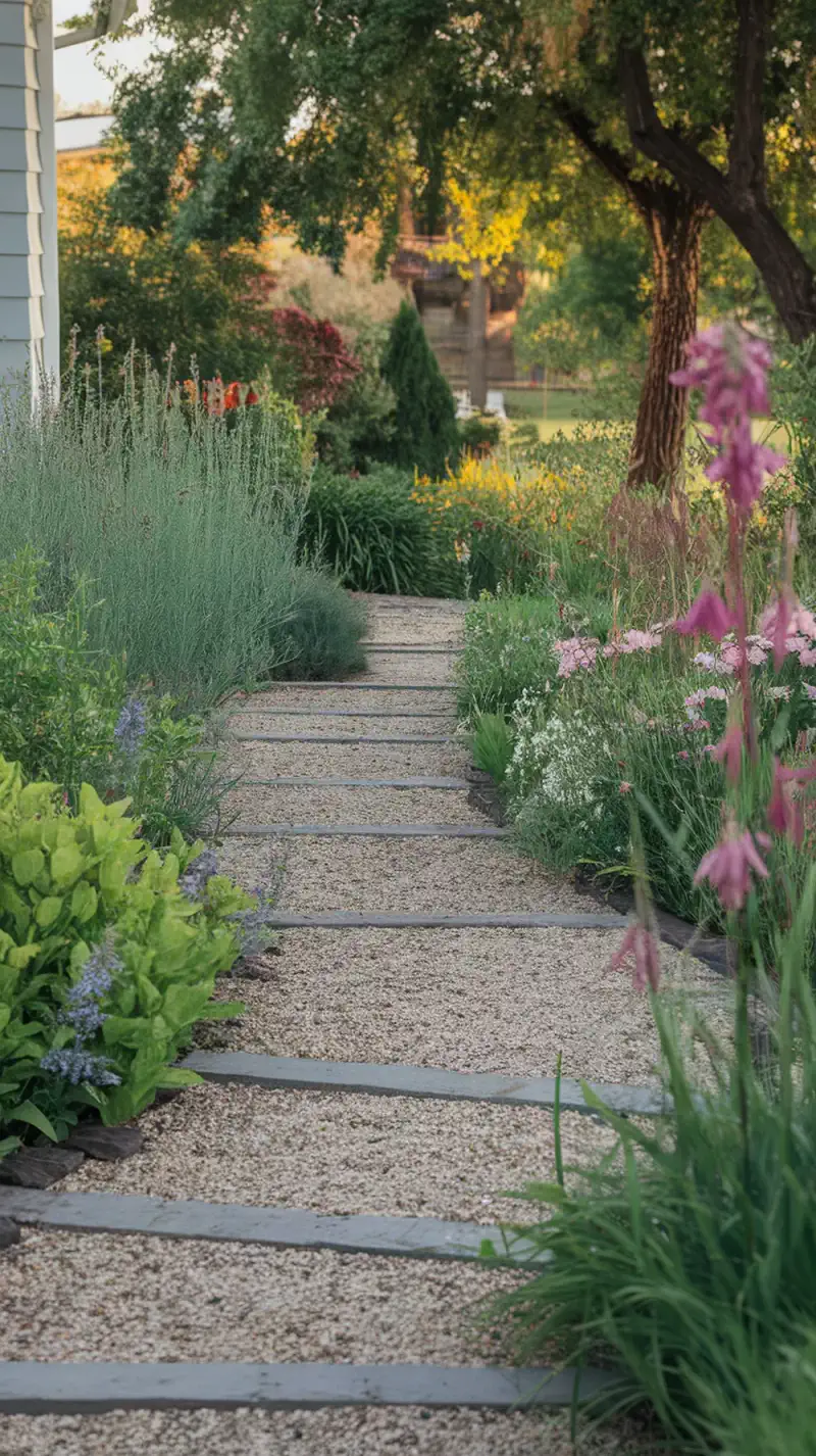 A pathway made of decomposed granite with stone slabs, surrounded by colorful flowers and greenery.