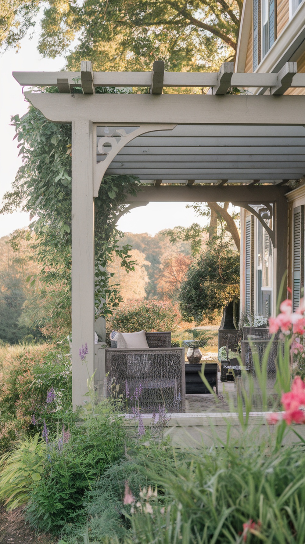 A stylish front porch pergola with decorative brackets and lush greenery.