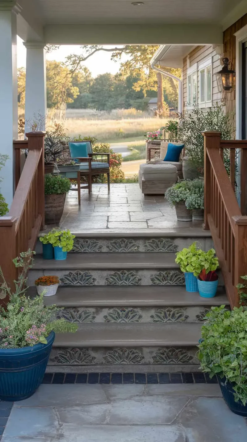 A front porch with decorative concrete steps featuring a stamped finish, surrounded by colorful planters and furniture.
