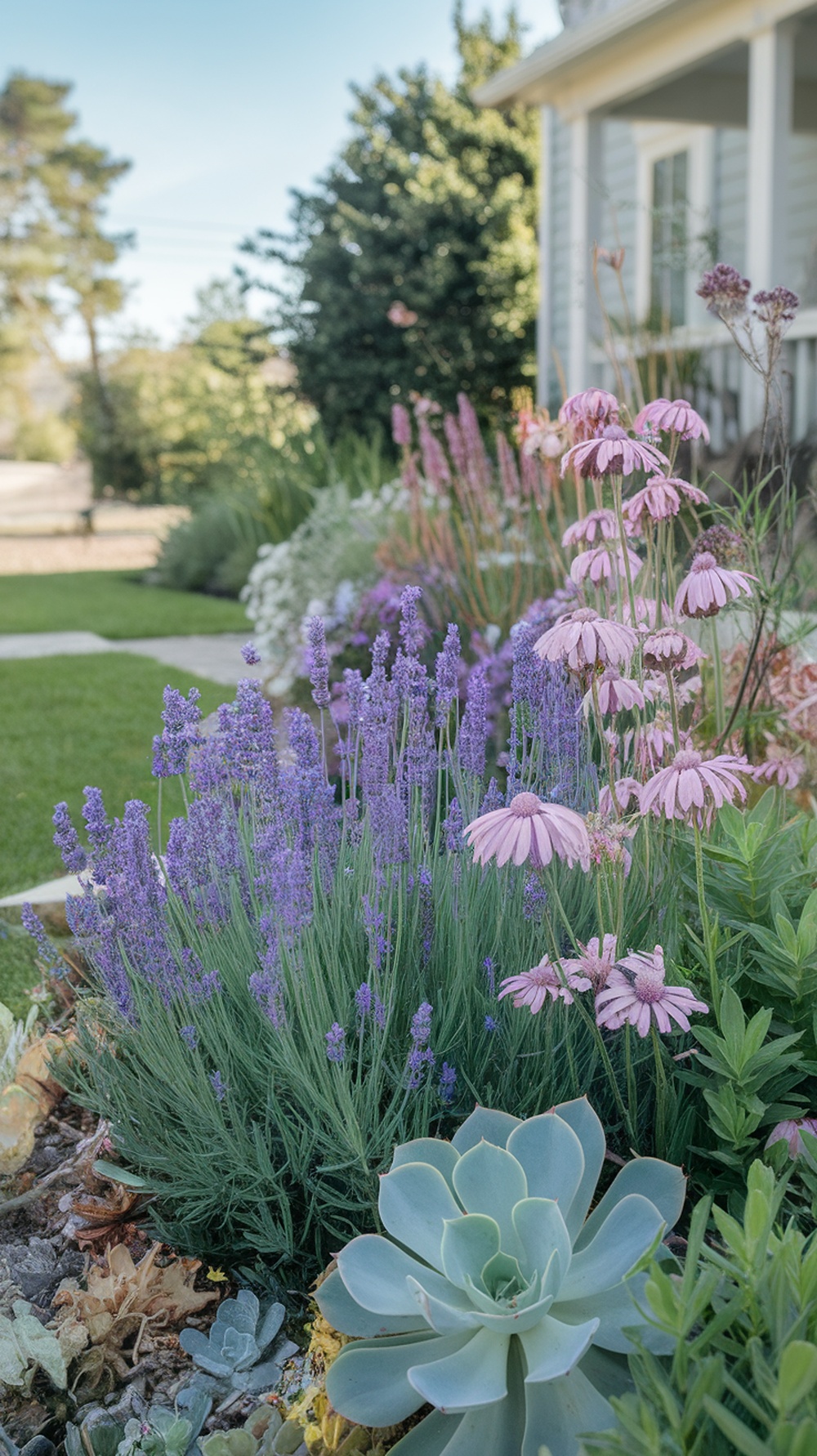 A flower bed with lavender and pink daisies in a front yard.