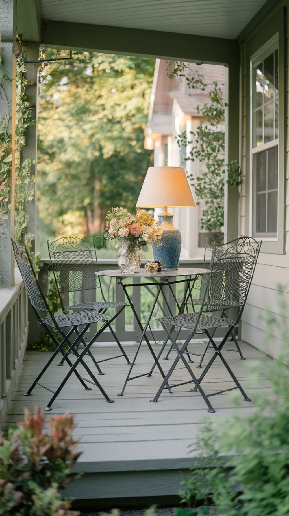 A cozy front porch seating arrangement featuring folding metal chairs and a small table with flowers.