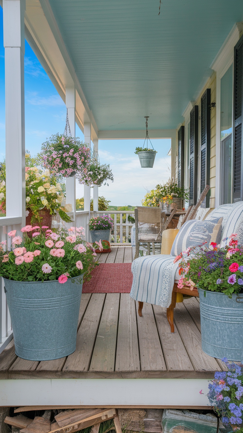 Front porch with galvanized buckets filled with flowers and a cozy seating area.