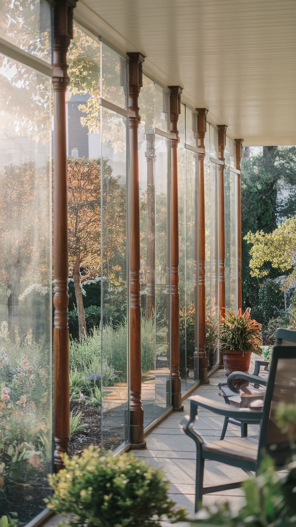 A beautiful porch with glass panels between wooden posts, allowing an unobstructed view of the garden.