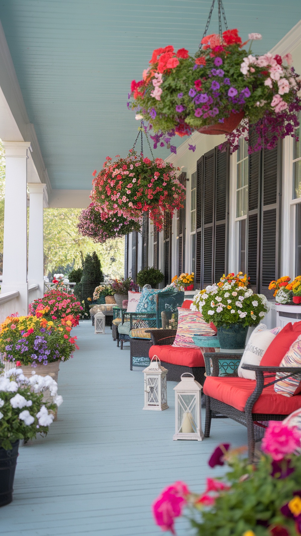 A double wide porch decorated with hanging flower baskets and colorful seating