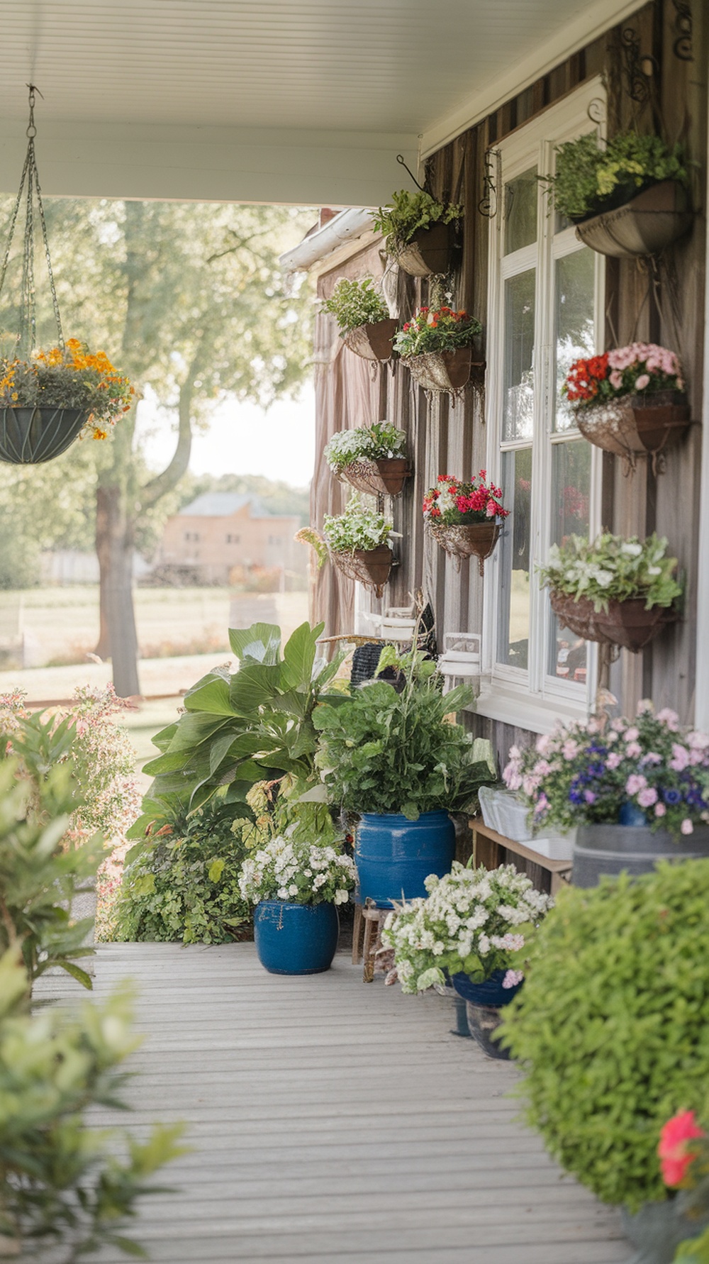 A cozy front porch featuring hanging wall planters filled with colorful flowers, enhancing the space.