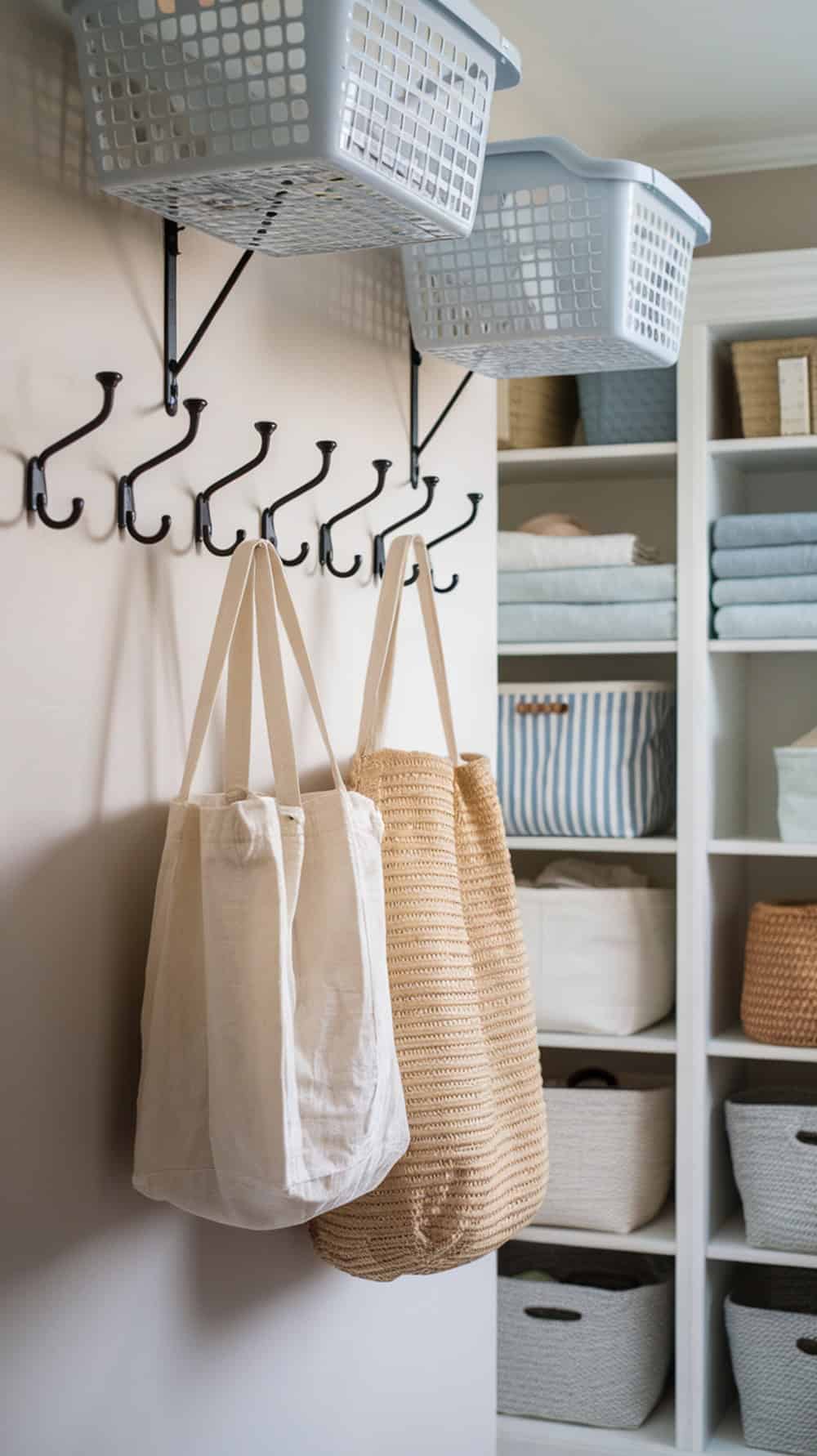Laundry room with hooks hanging baskets and bags
