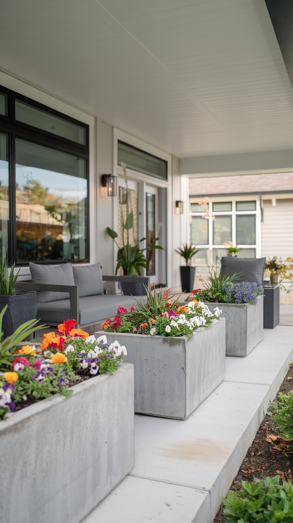 Large concrete planters filled with colorful flowers on a modern front porch.