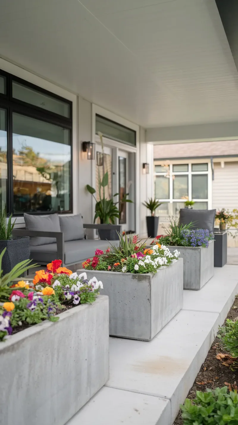 Large concrete planters filled with colorful flowers on a modern front porch.