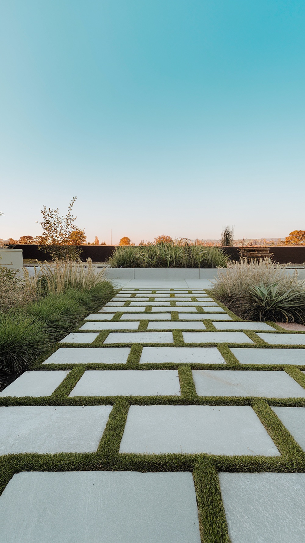 A modern walkway with large square pavers and grass in between