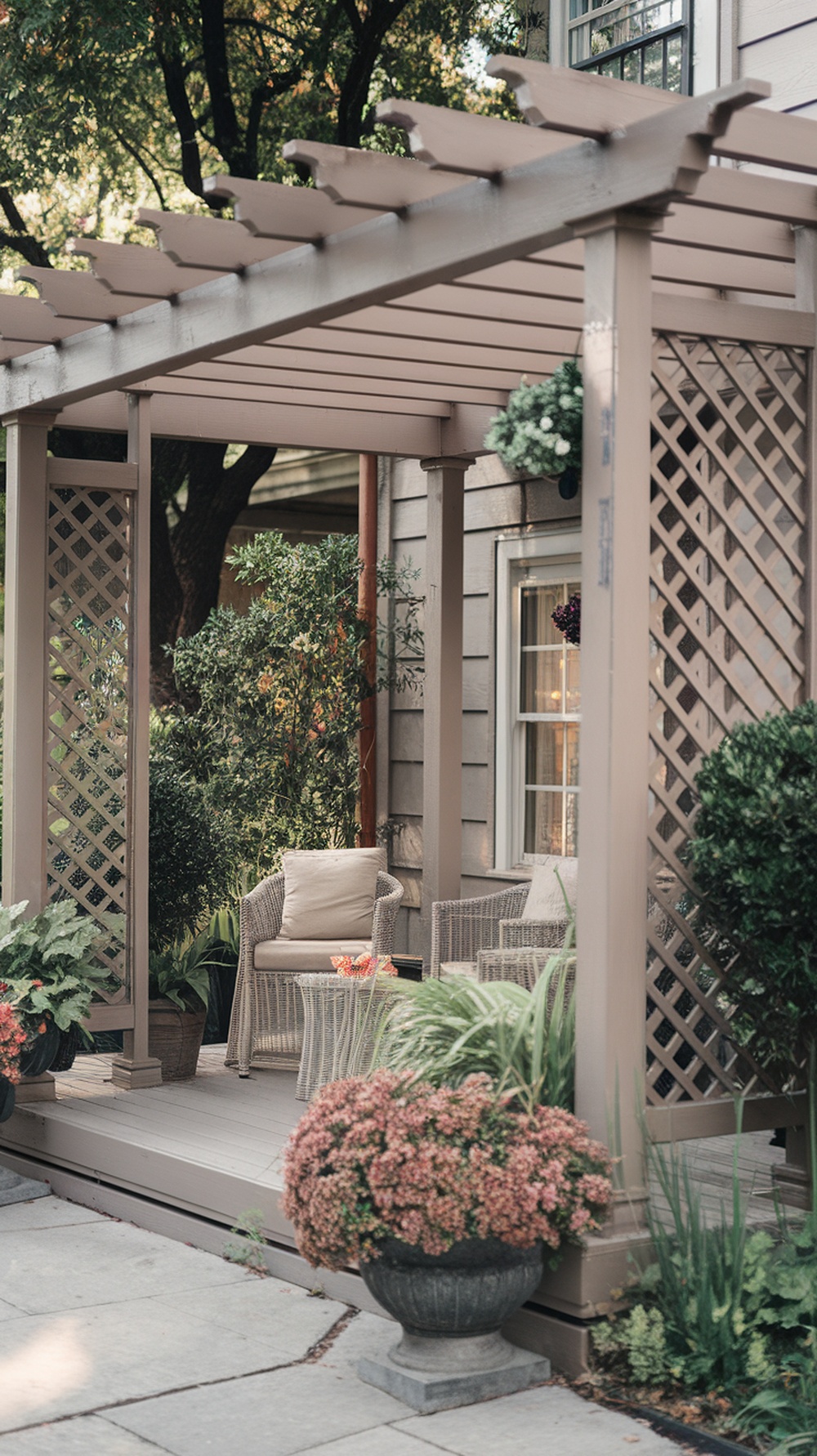 A front porch pergola with lattice panels on the sides, surrounded by plants and flowers.