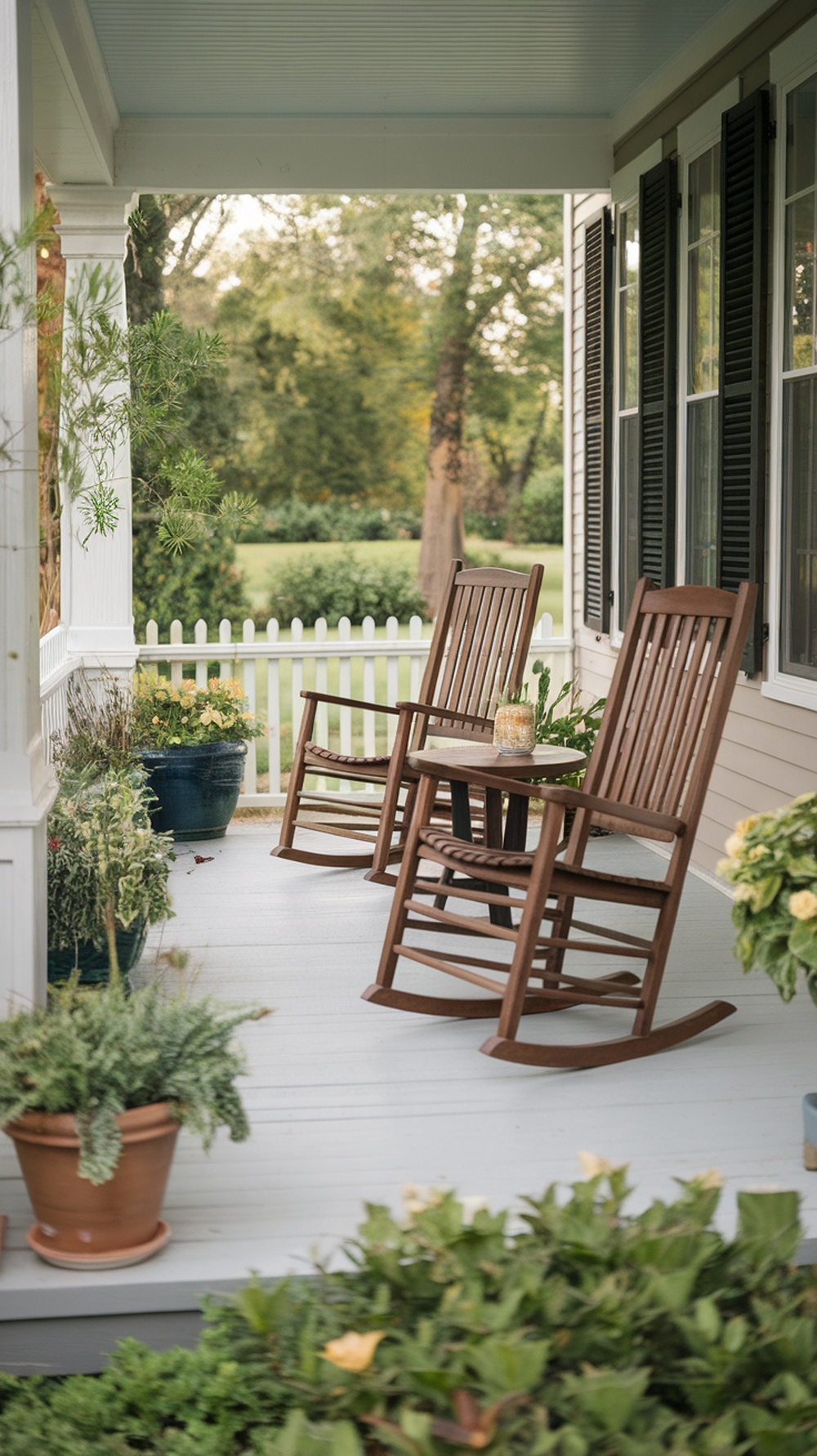 A cozy front porch with matching wooden rocking chairs and a small table surrounded by plants.