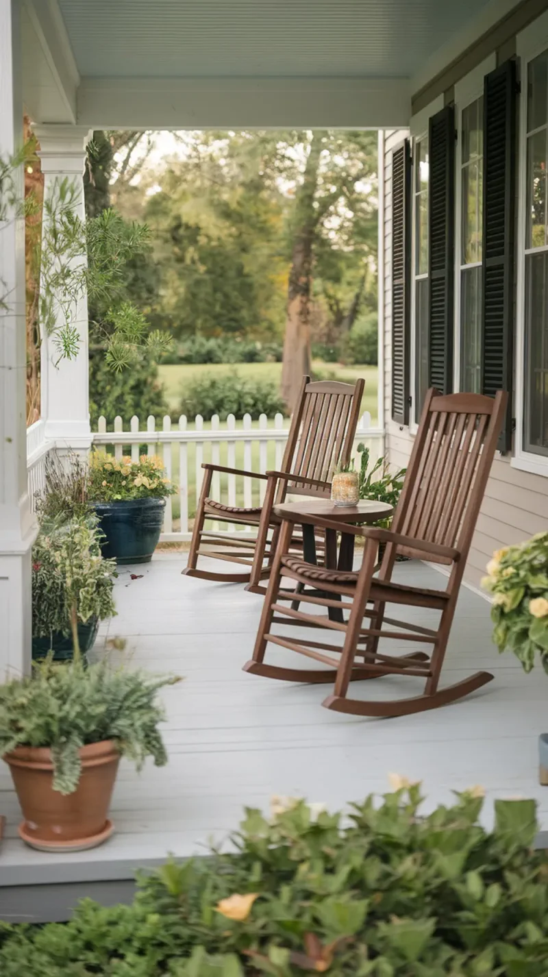 A cozy front porch with matching wooden rocking chairs and a small table surrounded by plants.