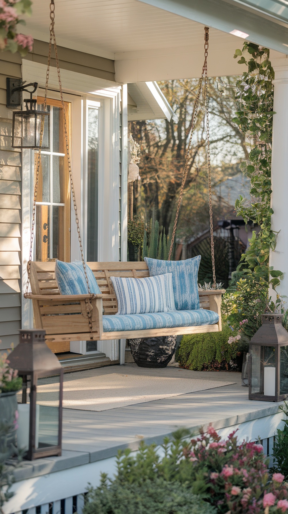 A wooden porch swing with blue and white striped throw pillows, surrounded by greenery and lanterns.