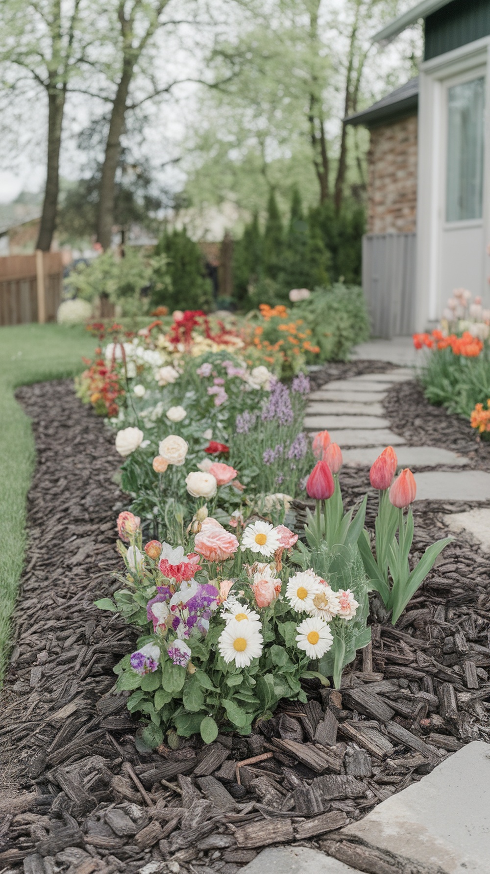 A flower bed with colorful flowers surrounded by dark mulch.