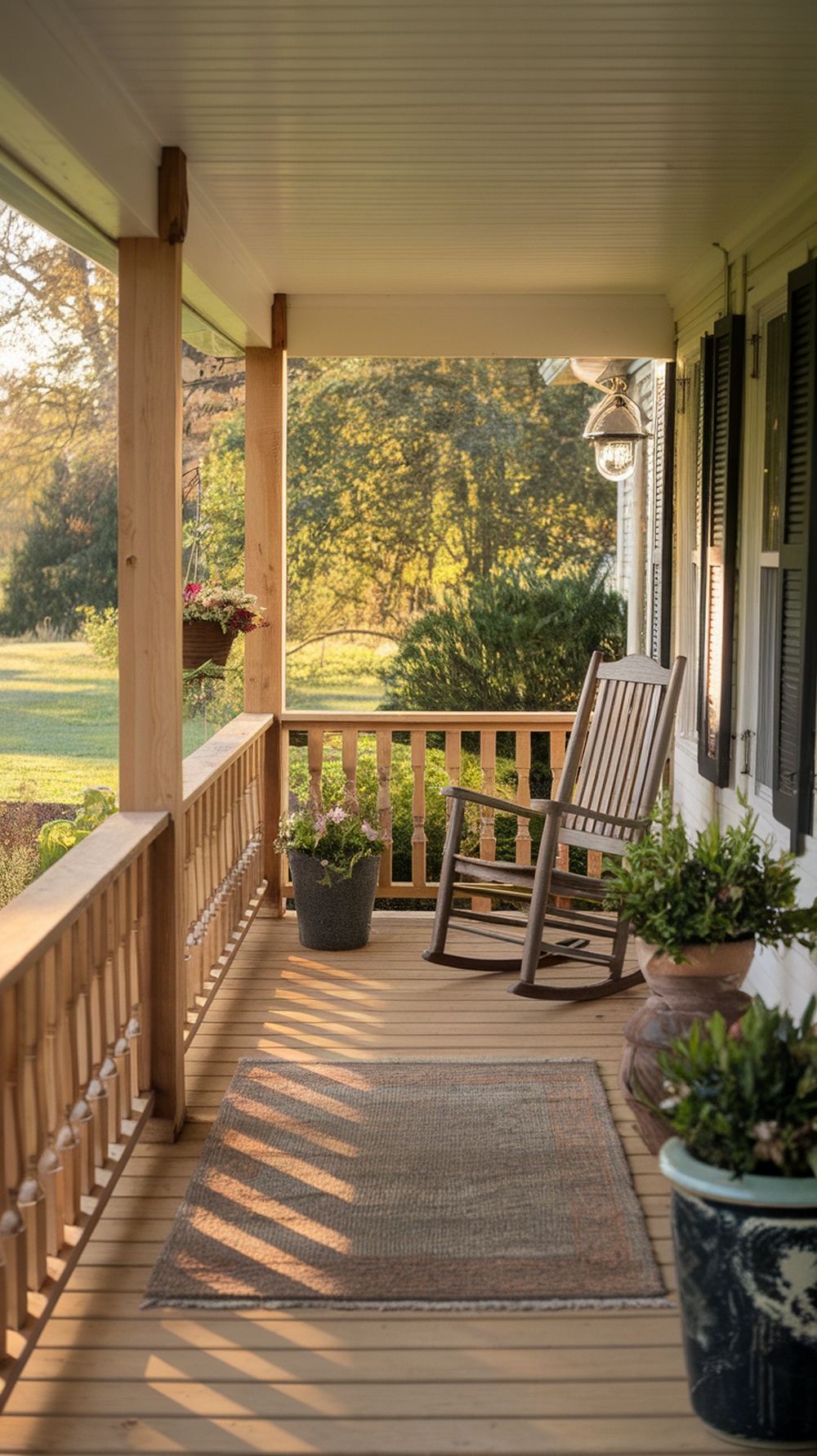 A front porch with natural cedar railings, a rocking chair, and flower planters, creating a warm, rustic atmosphere.