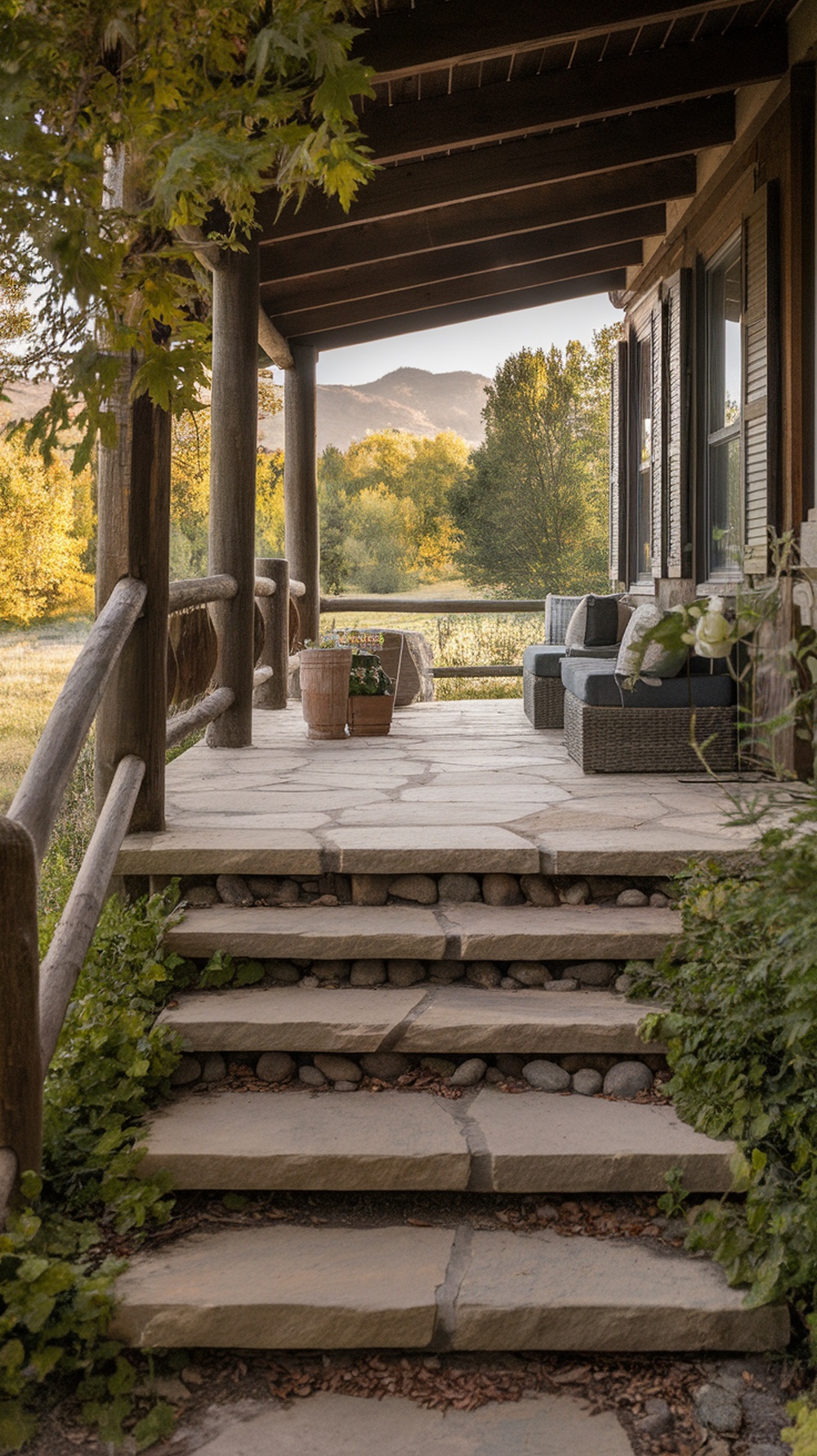 Natural flagstone steps leading up to a porch, surrounded by greenery and rustic elements.
