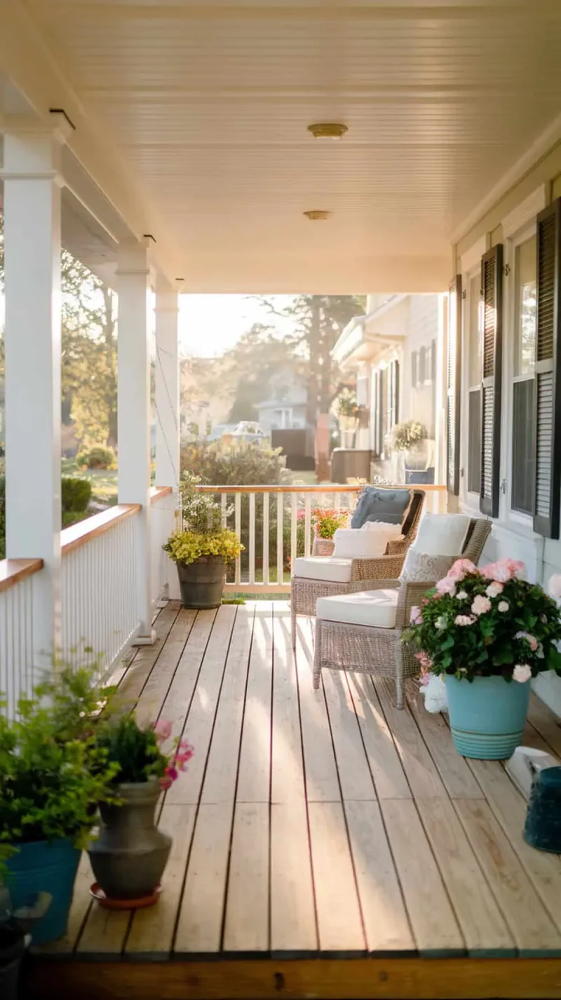 A warm and inviting front porch with natural wood flooring, cozy chairs, and colorful flowers.