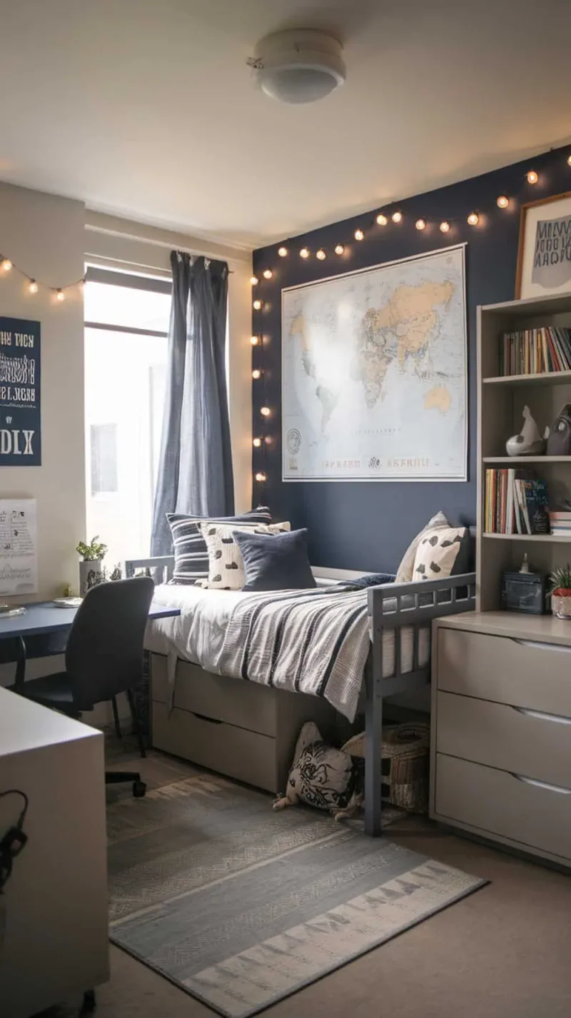 A cozy boy dorm room featuring navy and gray colors, with a bed, desk, and wall decorations.