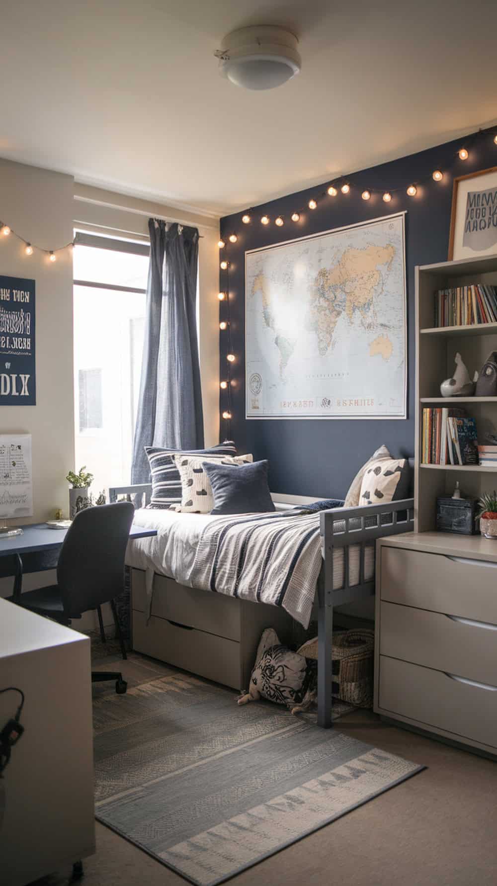 A cozy boy dorm room featuring navy and gray colors, with a bed, desk, and wall decorations.
