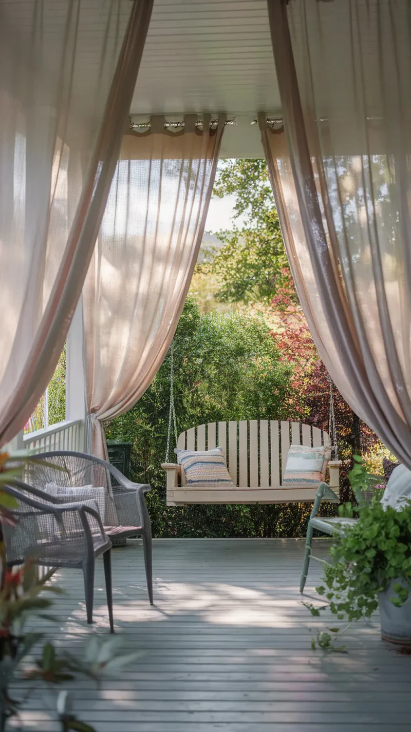 Cozy front porch swing with outdoor curtains for privacy and shade.