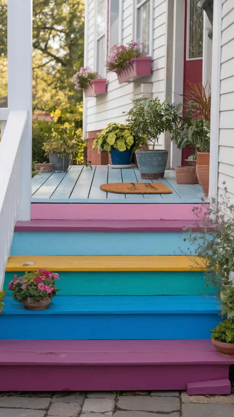Colorful painted porch steps in pink, blue, green, and yellow, surrounded by potted plants.