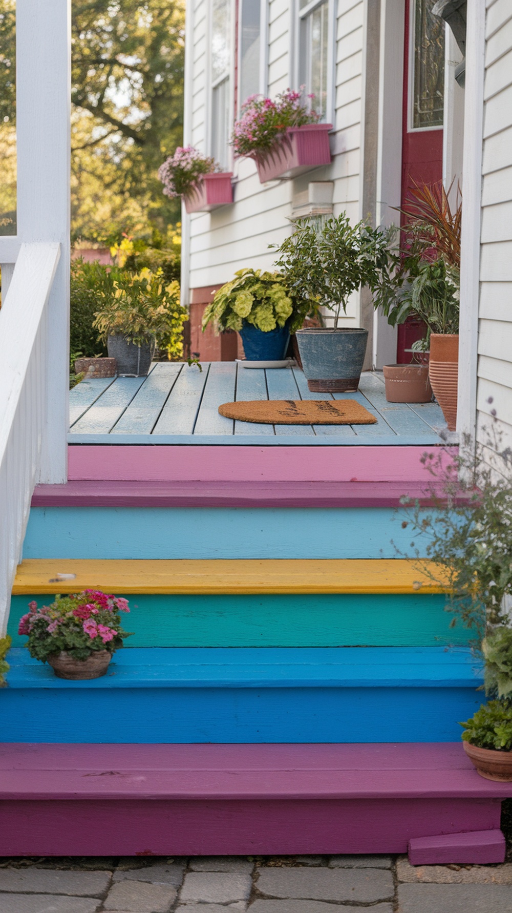 Colorful painted porch steps in pink, blue, green, and yellow, surrounded by potted plants.