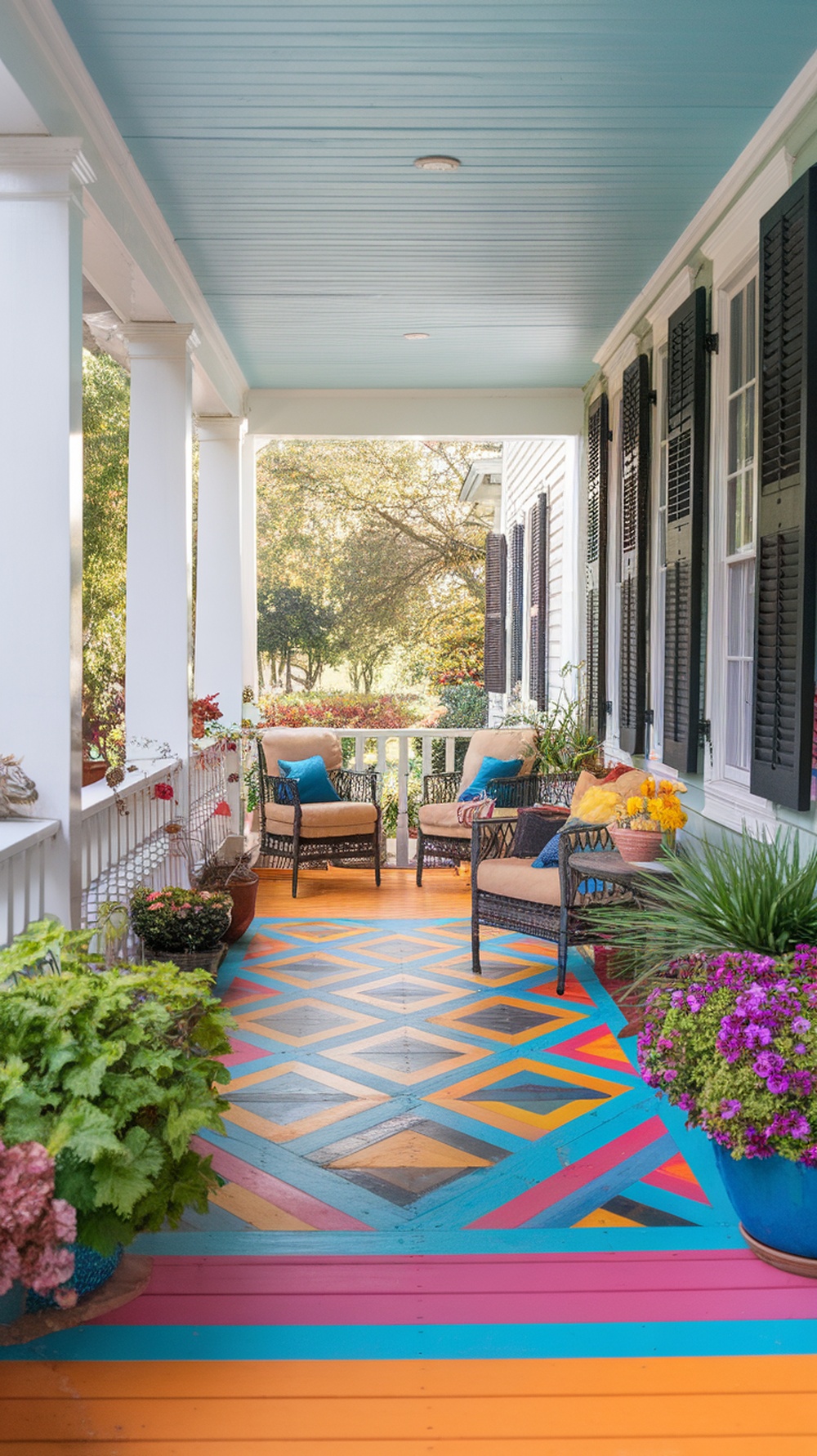 Colorful painted wood floor on a front porch with a diamond pattern and cozy seating.