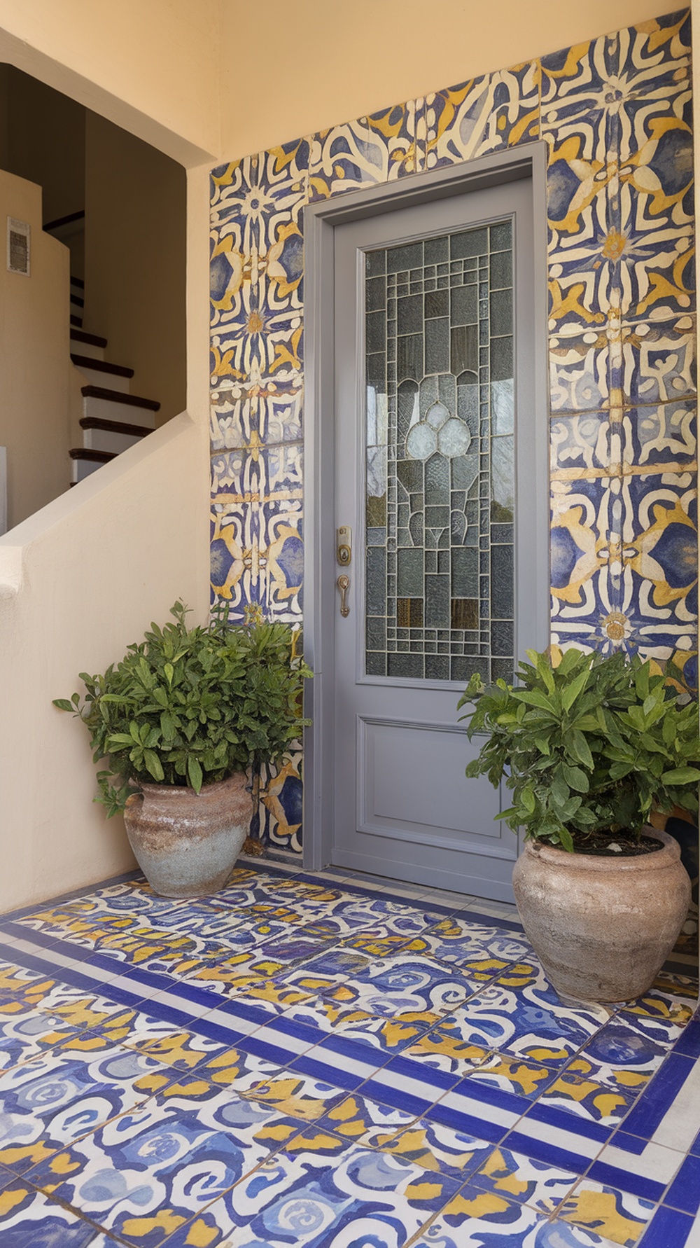 Front porch with vibrant patterned tiles in blue and yellow, featuring two potted plants and a stylish door.