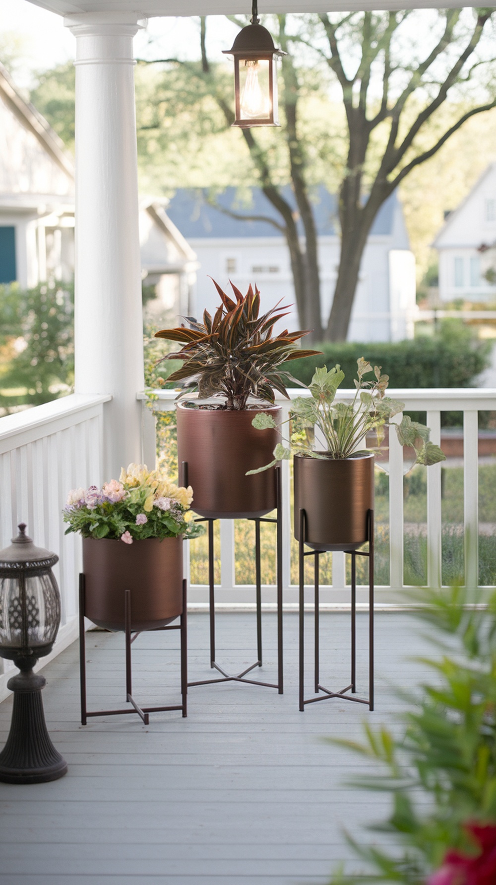 Stylish planters with built-in stands on a front porch