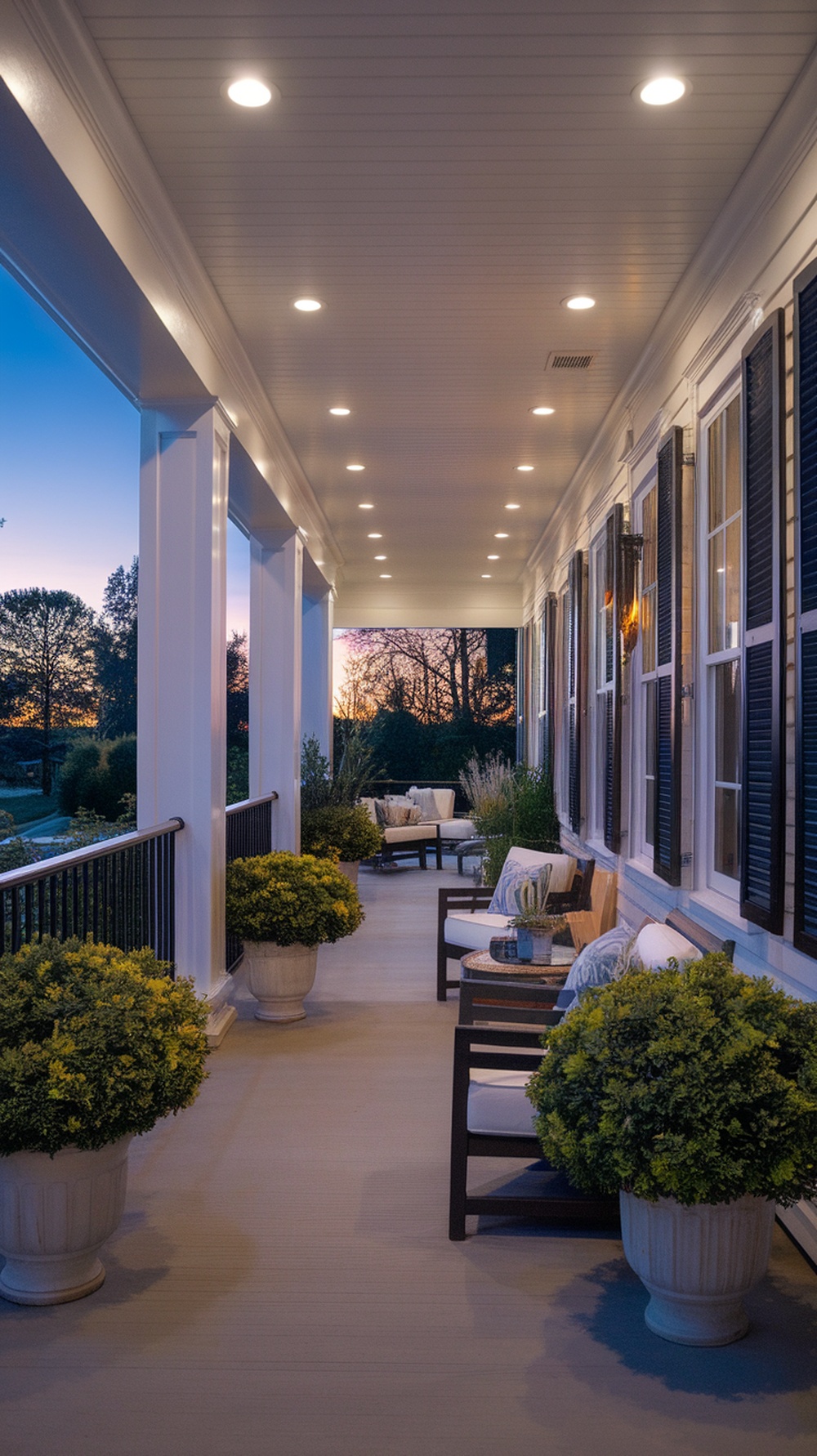 A porch with recessed lighting in the ceiling, featuring seating and decorative plants.