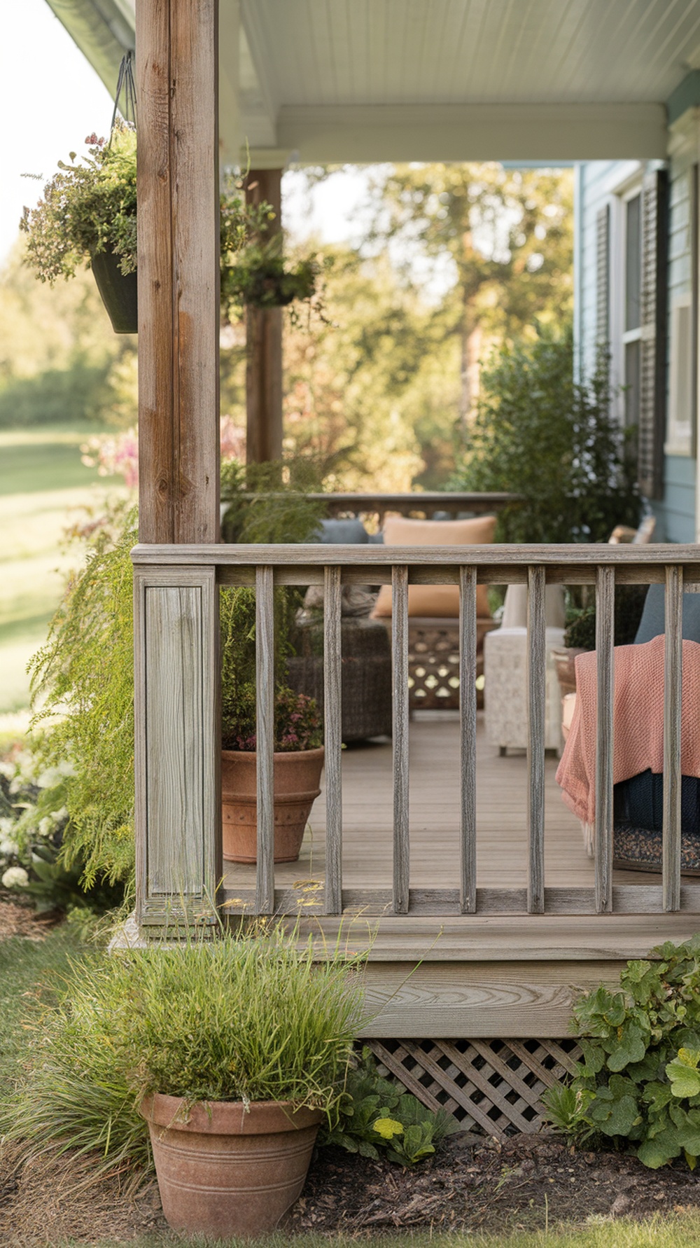 A rustic wood railing on a front porch with greenery and cozy seating.