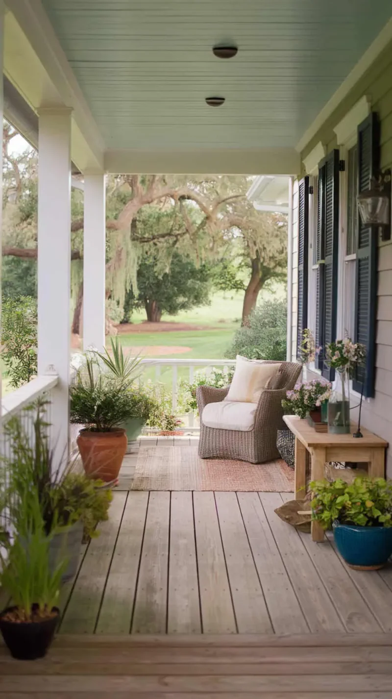 A cozy front porch with reclaimed wood flooring, featuring a comfortable chair, potted plants, and a welcoming atmosphere.