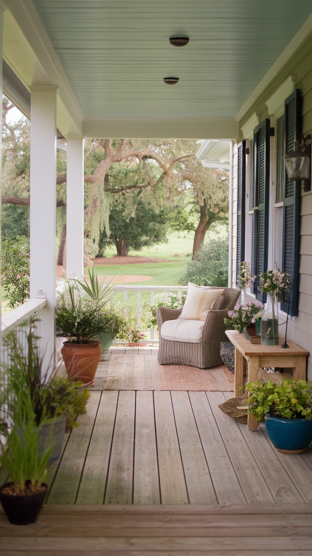 A cozy front porch with reclaimed wood flooring, featuring a comfortable chair, potted plants, and a welcoming atmosphere.