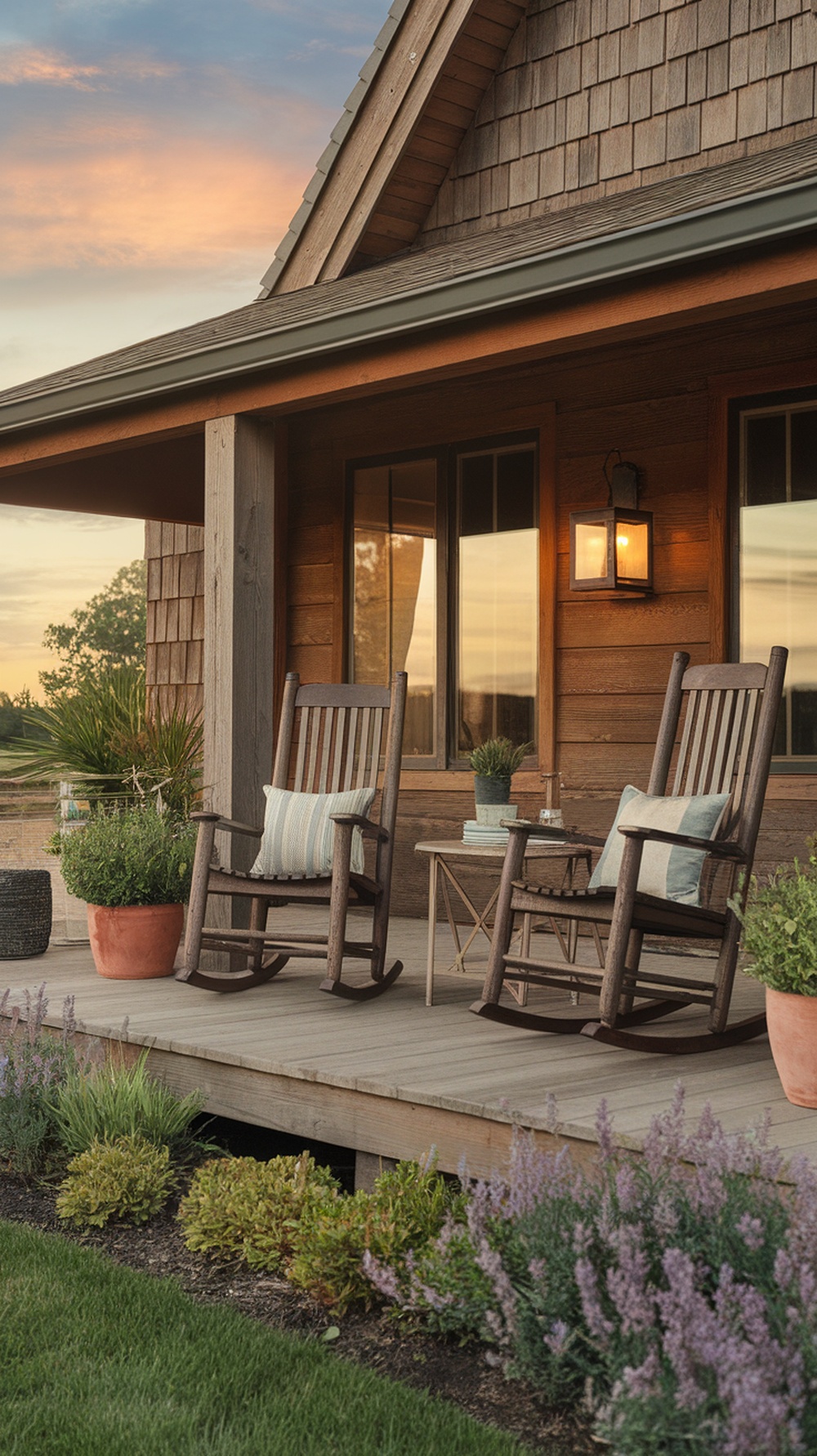 Two rocking chairs on a porch with plants and a warm light at sunset.