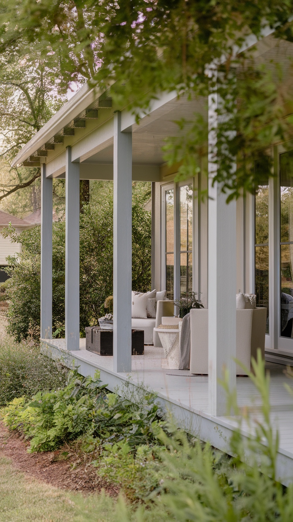A front porch featuring simple square posts and a clean, minimal design.