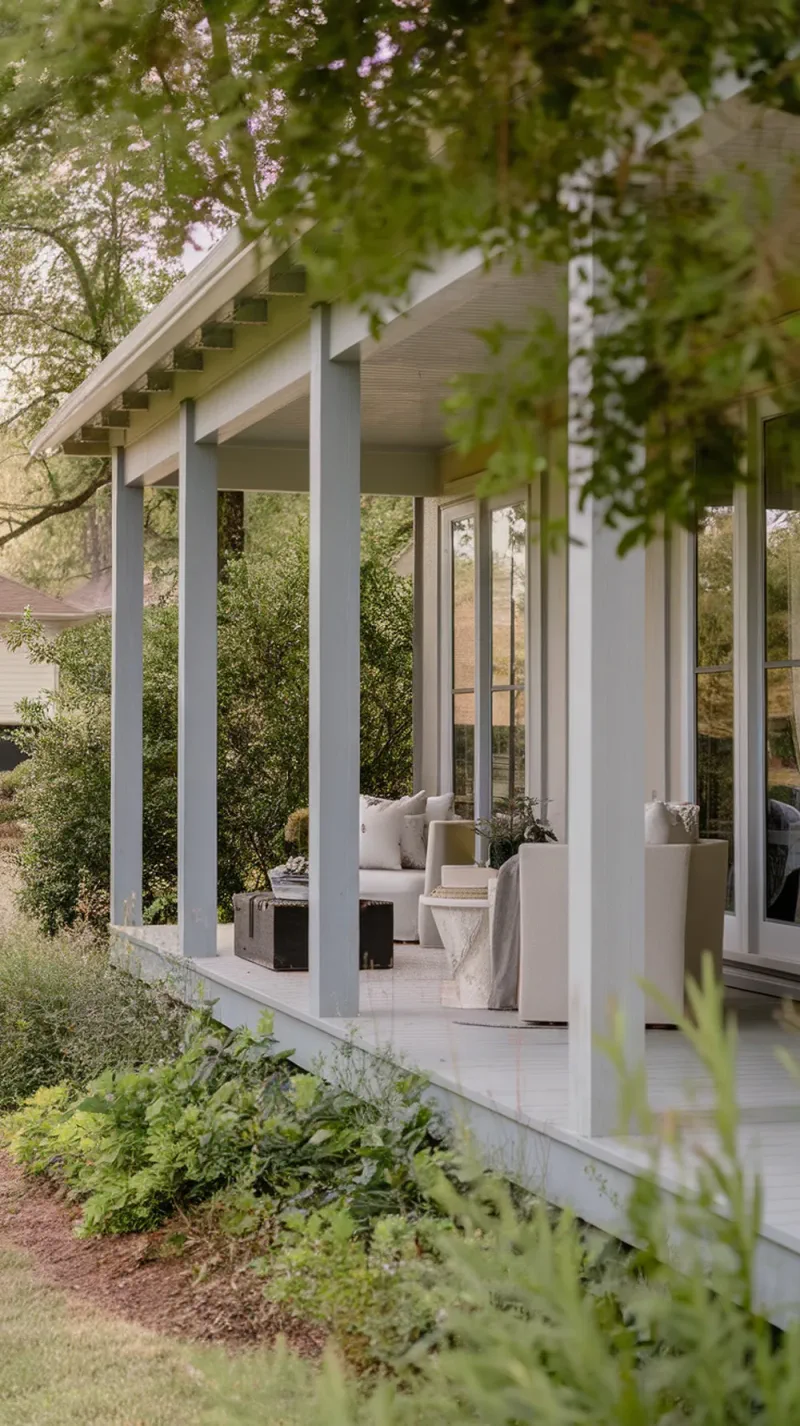 A front porch featuring simple square posts and a clean, minimal design.