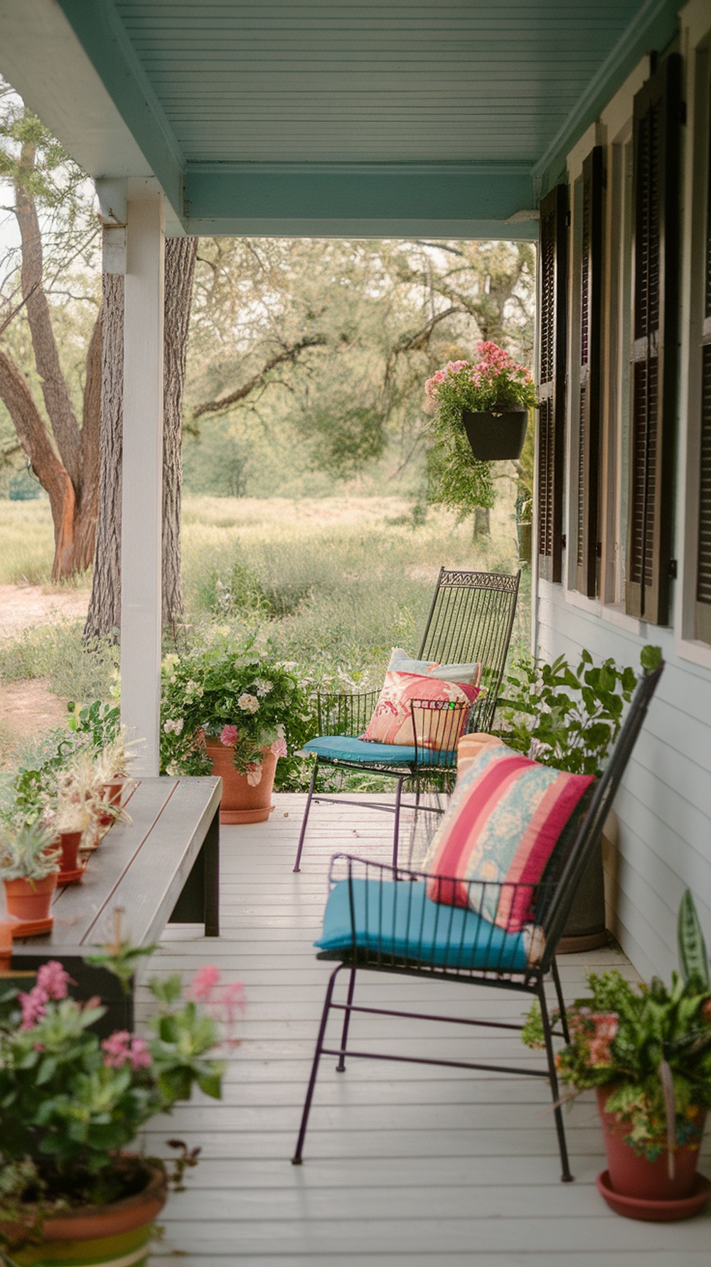A small porch featuring slim chairs, colorful cushions, and potted plants.