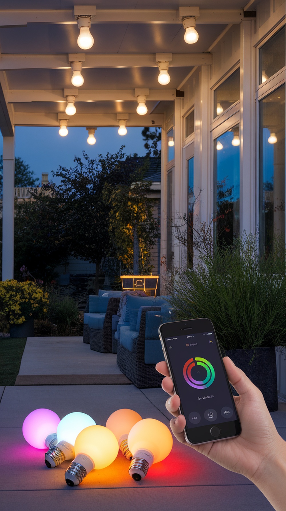 A cozy porch with smart bulbs hanging above, showcasing colorful bulbs on the floor.