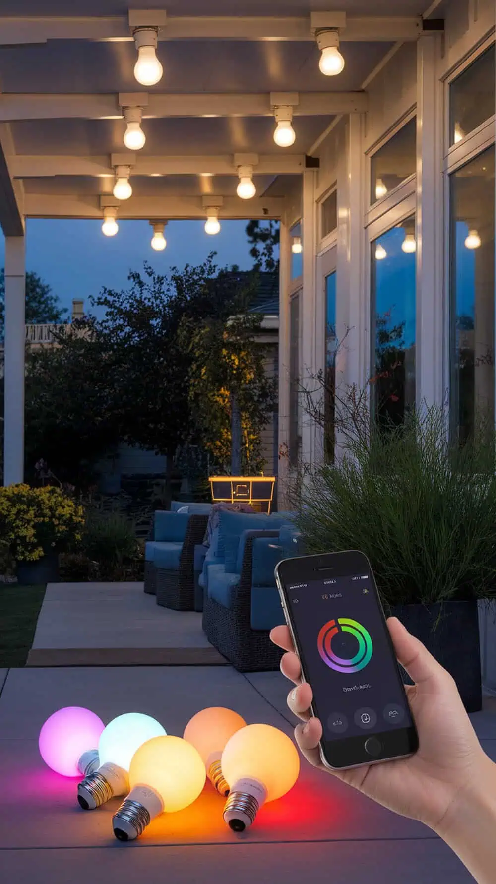A cozy porch with smart bulbs hanging above, showcasing colorful bulbs on the floor.