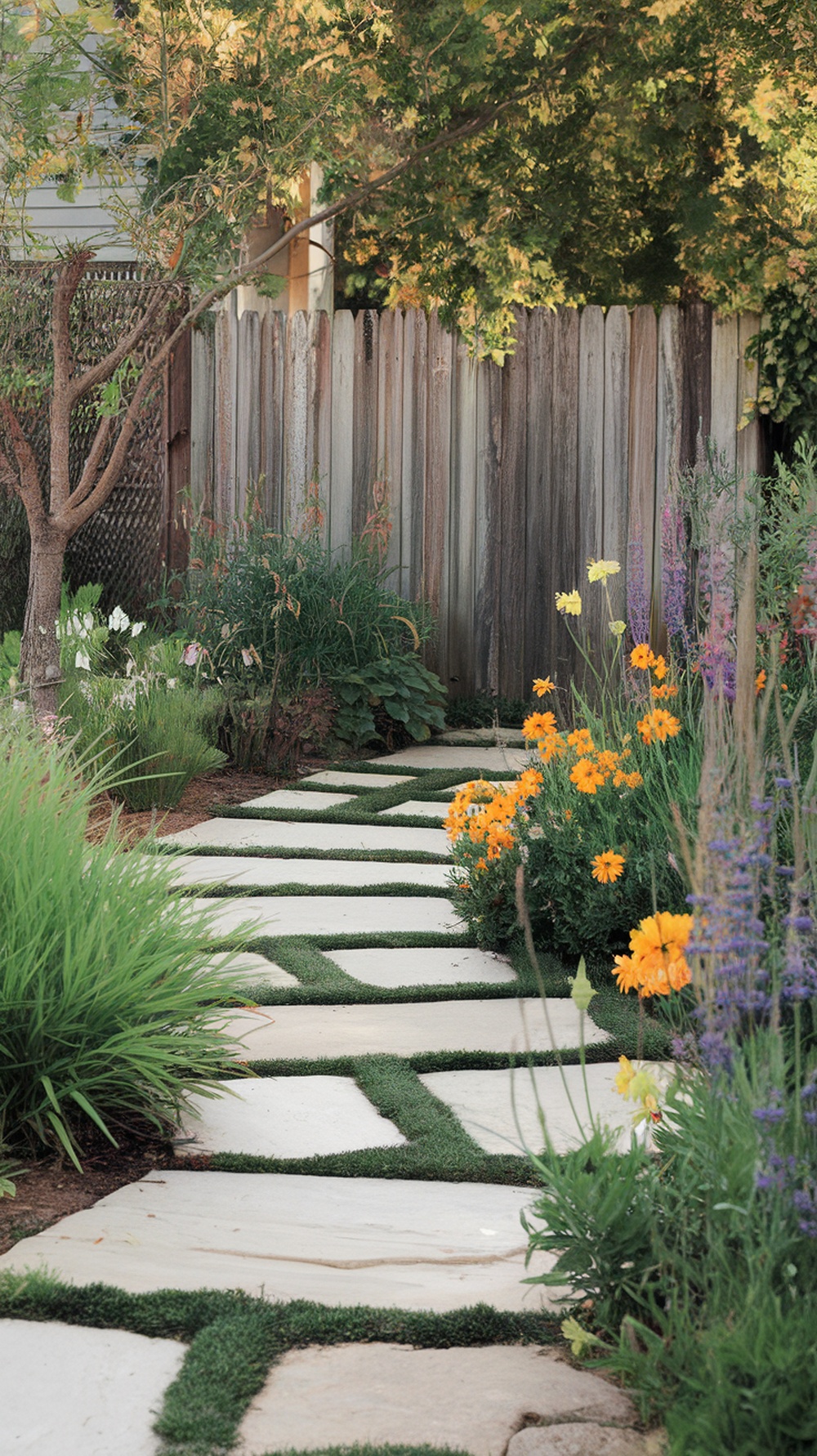 A front yard walkway made of stone pavers with grass and colorful flowers.